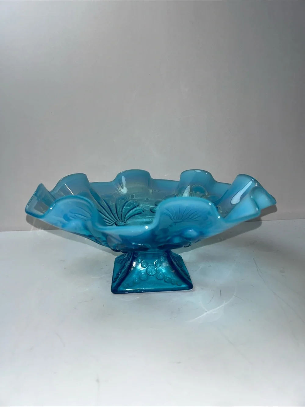 Jefferson Glass opalescent blue glass bowl ruffled edge intricate floral pattern